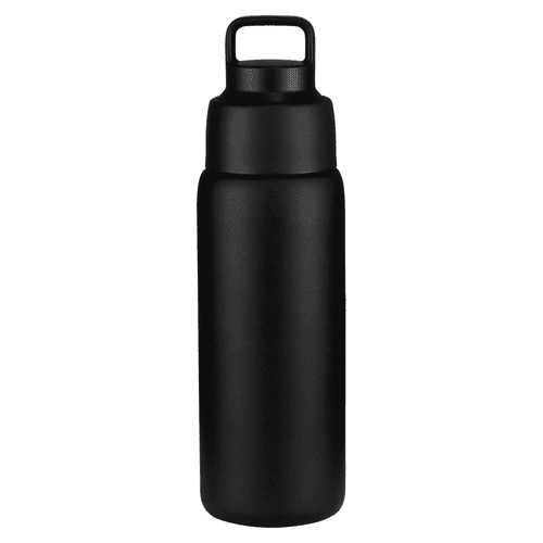 A drink bottle in matte black, featuring a handle and a sleek, modern design. It includes a logo.