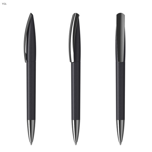 A set of metallic black plastic pens with silver accents and a sleek design, featuring a branding logo.
