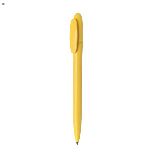 A yellow plastic pen with a click mechanism and a branding logo at the top.