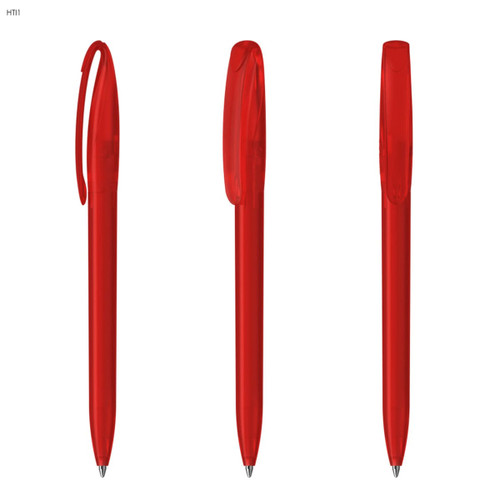 A set of red plastic pens with a smooth, streamlined design and a clip on the cap. Features a branding logo.
