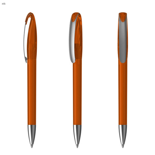 An orange plastic pen with a silver clip, featuring a smooth design and a glossy finish. It has a logo on its body.