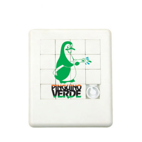 A white puzzle featuring a green penguin graphic and a logo at the bottom, displayed against a plain background.
