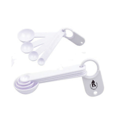 A set of white measuring scoops in various sizes, joined by a ring, with a logo on one scoop.