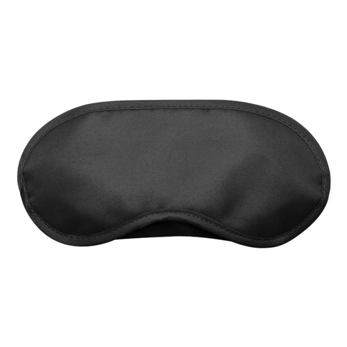 A black sleep eye mask with a smooth finish, designed for comfort and light blocking. Features a logo.
