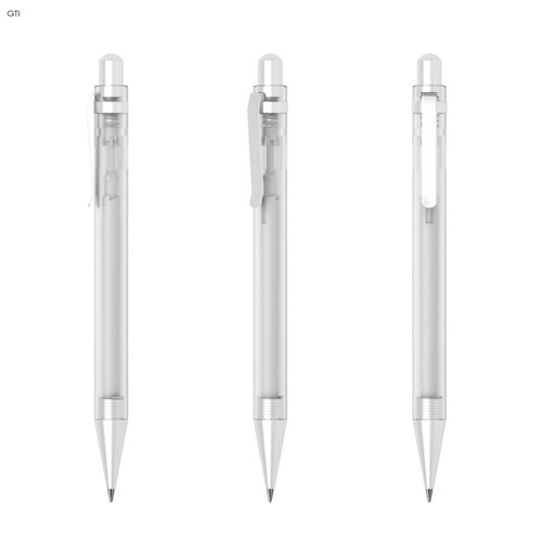 A set of three clear plastic pens featuring a silver clip and tip. Each pen has a sleek, transparent design.