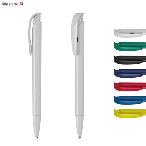 A white plastic pen with a clip, accompanied by pens in red, green, blue, black, and yellow, featuring a logo.