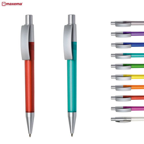 A selection of plastic pens in red, teal, and various other colours, featuring silver accents and a logo.