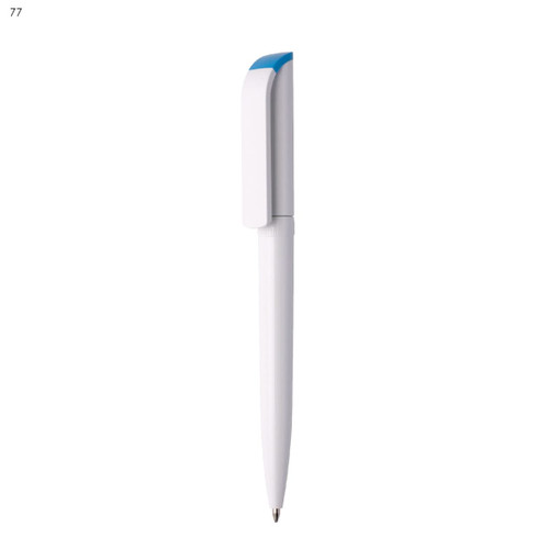 A plastic pen in white with a blue cap. It features a logo on its body.
