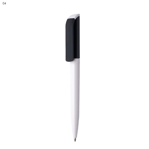 A plastic pen with a white body and a black cap, featuring a branding logo.