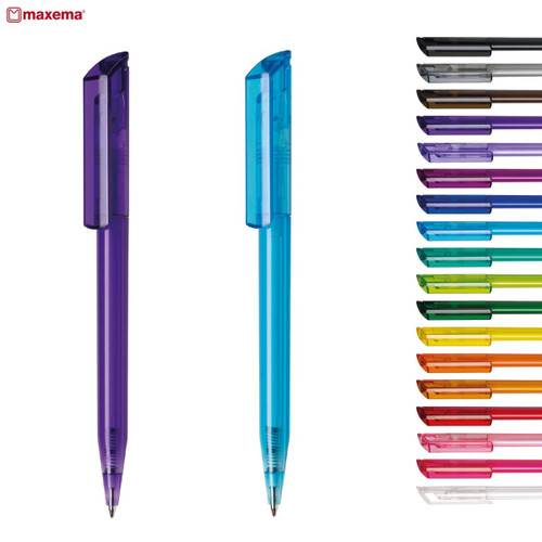 Two plastic pens in purple and blue, with a variety of additional coloured pens arranged in a row. The pens feature a brand logo.