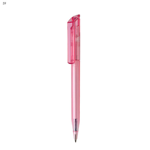 A pink plastic pen with a transparent cap and a sleek design, featuring a logo on the barrel.