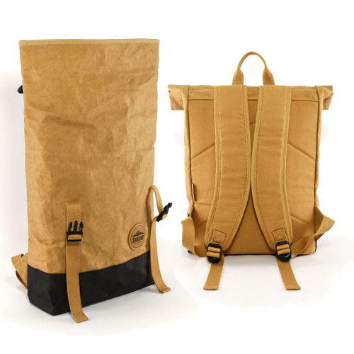 A light brown kraft paper laptop backpack featuring adjustable straps and a logo on the front.