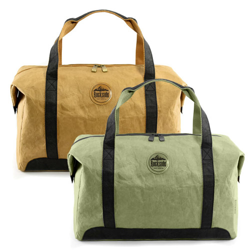 Two kraft paper travel bags in tan and green, featuring sturdy black handles and a branding logo.