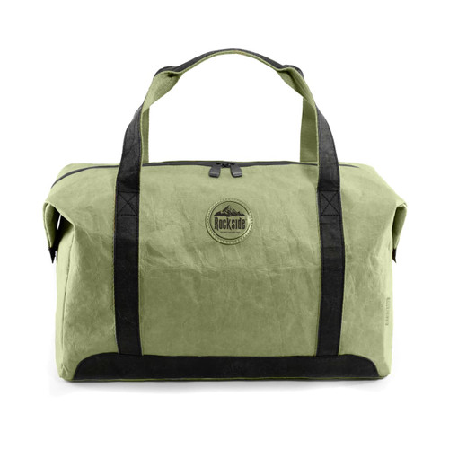 A green kraft paper duffle bag with black handles and a logo on the front.