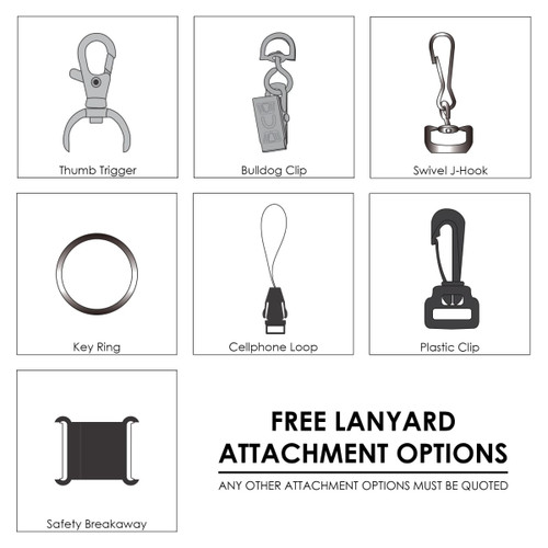 A graphic featuring various lanyard attachment options, including clips, rings, and a safety breakaway.
