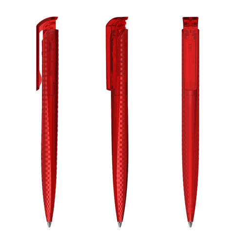 A set of three red plastic pens, featuring a sleek design and a clip for easy attachment.