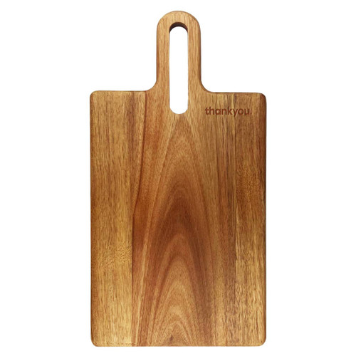 A wooden cheeseboard with a smooth finish and a handle, featuring a small logo.