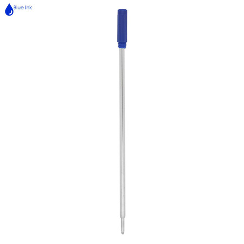 A metal refill with a silver shaft and a blue plastic top, designed for writing instruments.