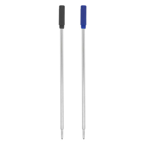Metal cross-type refills in silver with black and blue plastic caps. Includes two refill options for writing instruments.