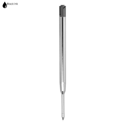 A silver metal refill for a Parker pen with a black ink tip, featuring a branding logo.