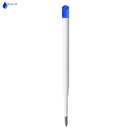 A white pen with a blue top and blue ink for smooth writing. It has a simple design and an attached logo.