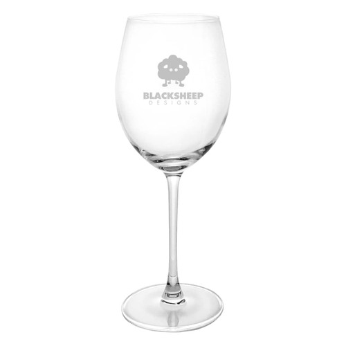 A wine glass with a tall stem, featuring a clear glass design and a logo. Holds 580ml of liquid.