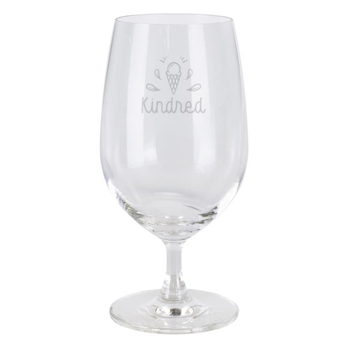 A clear glass beer glass with a round bowl and a slender stem. Features a logo on the front.