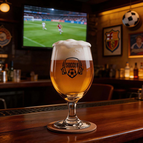 A beer glass with a curved design, filled with golden beer and a frothy head, set on a wooden bar top.