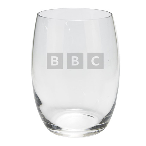 A clear glass wine cup with a curved design, featuring a subtly placed logo.
