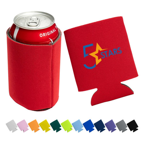 A red foam stubby cooler holding a drink can, with a logo and a range of colours displayed below.
