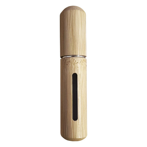 A bamboo atomiser with a sleek design, featuring a wooden finish and a clear window panel. It's compact and portable.