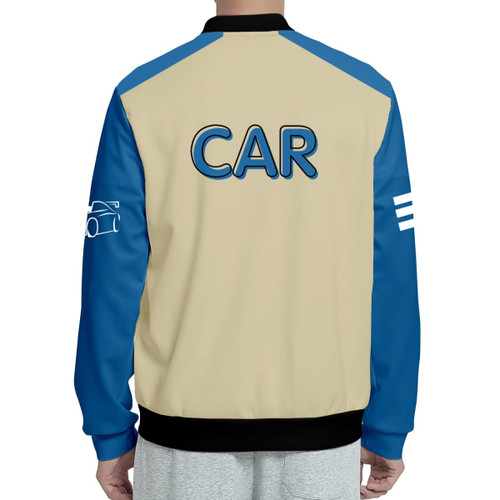 A unisex polyester scuba sublimated varsity jacket in beige and blue, featuring a logo on the sleeve and a back design.