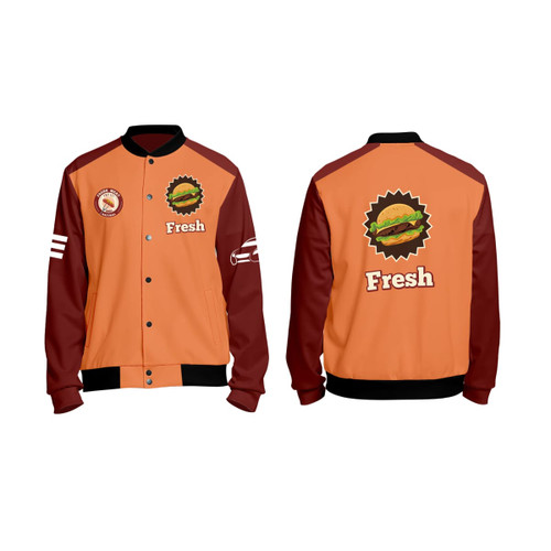 A unisex polyester varsity jacket featuring orange and maroon colours, with a logo on the front and a design on the back.