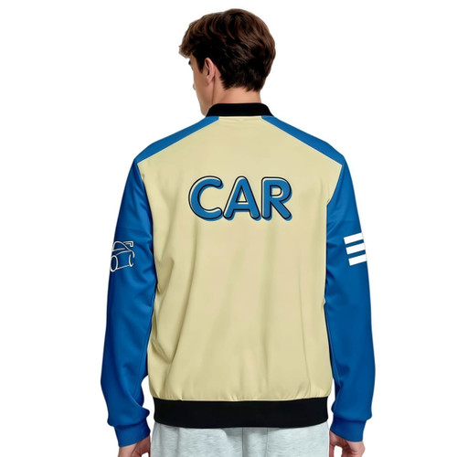 A unisex varsity jacket in cream and blue with a logo on the sleeve and text on the back.