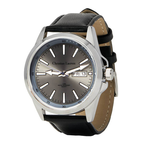 A sleek black watch featuring a silver face, metal casing, and a black leather strap. It has a logo on the dial.
