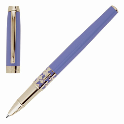 A rollerball pen featuring a bright blue barrel and gold accents, with a decorative design on the cap.