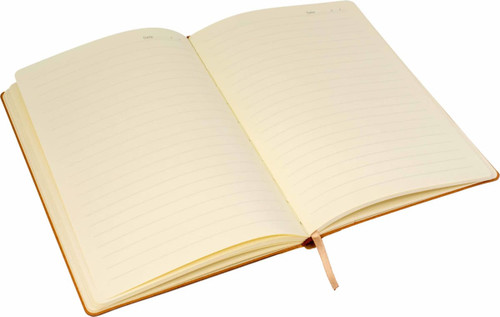 An open A5 notebook with lined pages, featuring a tan cover and a ribbon bookmark.