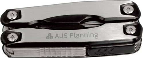 A stainless steel multi-tool featuring multiple functions, with a sleek design and a logo on the surface.