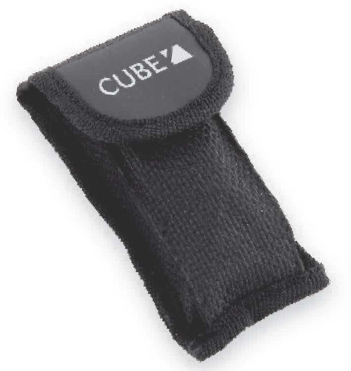 A black tool pouch with a Velcro closure featuring a logo on the front.