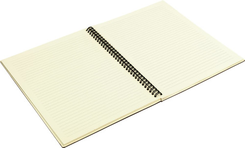 A spiral-bound A4 notebook with lined pages, featuring a cream-coloured interior and a dark cover.