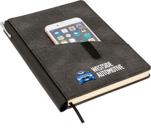 A black and grey A5 notebook with a pocket for a phone and a logo on the front.