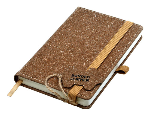 A brown bonded leather notebook with an elastic band and ribbon bookmark, featuring a textured cover and a logo.