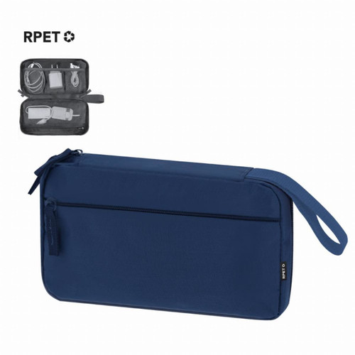 A navy RPET organiser case with a zip closure, featuring interior compartments for accessories and a handle.
