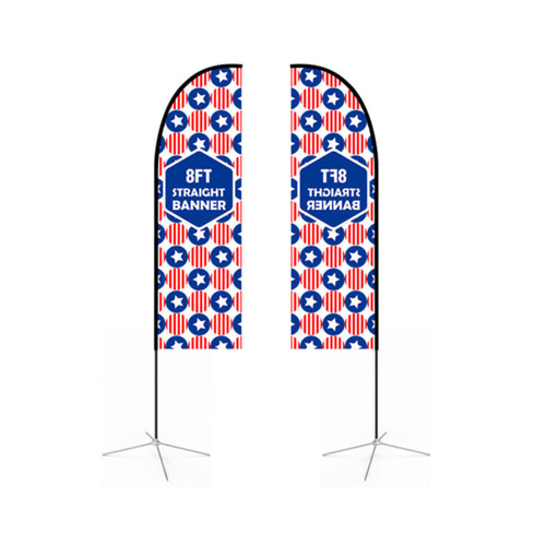 Two straight feather banners, featuring a red, white, and blue pattern with a logo, stand on black bases.