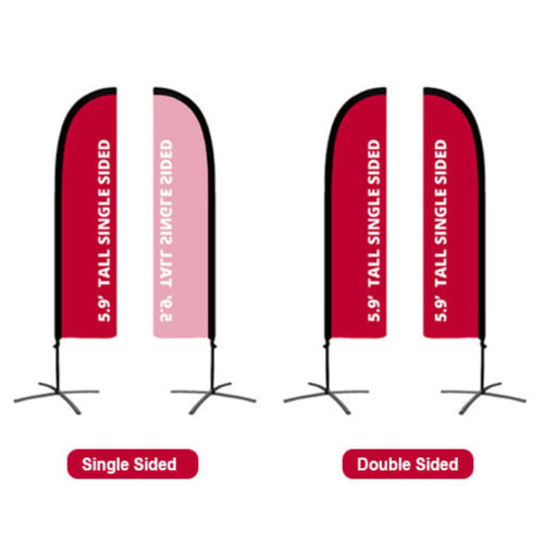 Small straight feather banners in red and pink, featuring single and double-sided designs with a black stand.