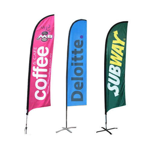 Three straight feather banners in pink, blue, and green, featuring logos and promotional designs.
