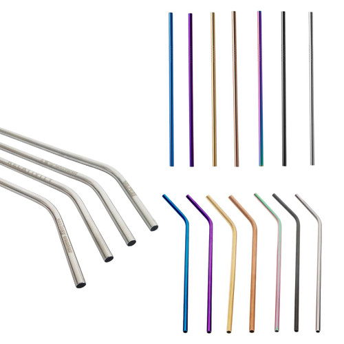 A collection of stainless steel drinking straws in various colours, some with a slight bend, displayed together.