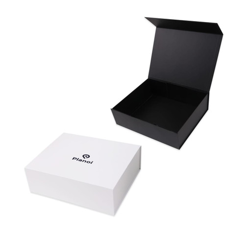 A medium foldable magnetic box featuring a black interior and a white exterior with a logo.