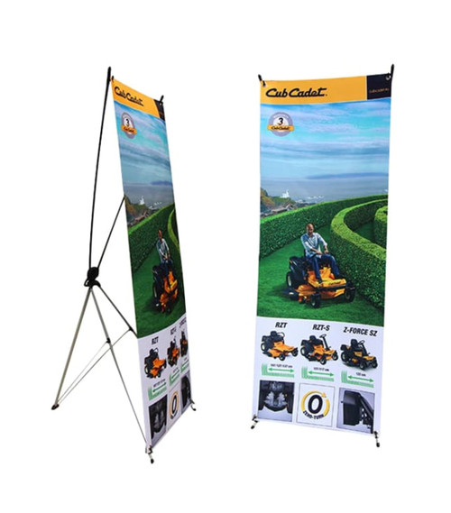 A Small X-Frame Banner in yellow and white, featuring a logo and images of lawn mowers, displayed on a stand.