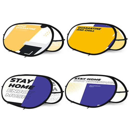 Four small horizontal pop-up banners in yellow and blue with various promotional messages and a logo.